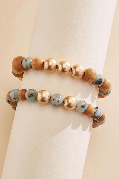 Versona semi- precious wood beaded bracelet set RESEDA
