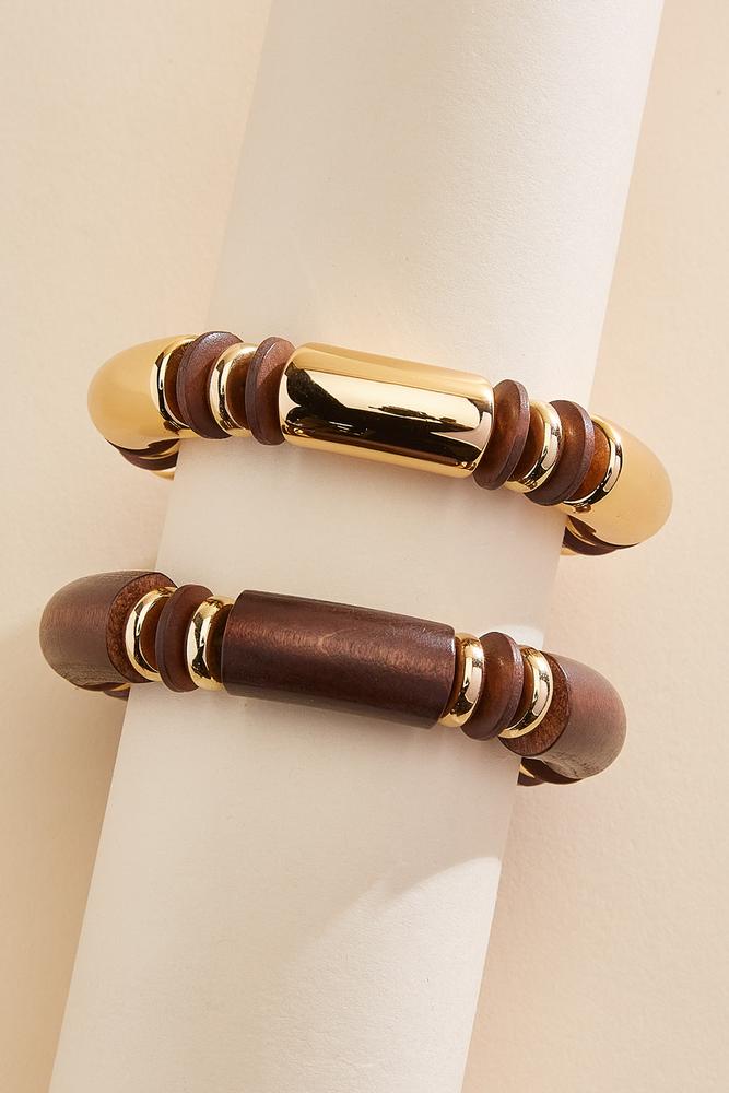 Versona wood gold tube bead stretch bracelet set TORTOISE_SHELL