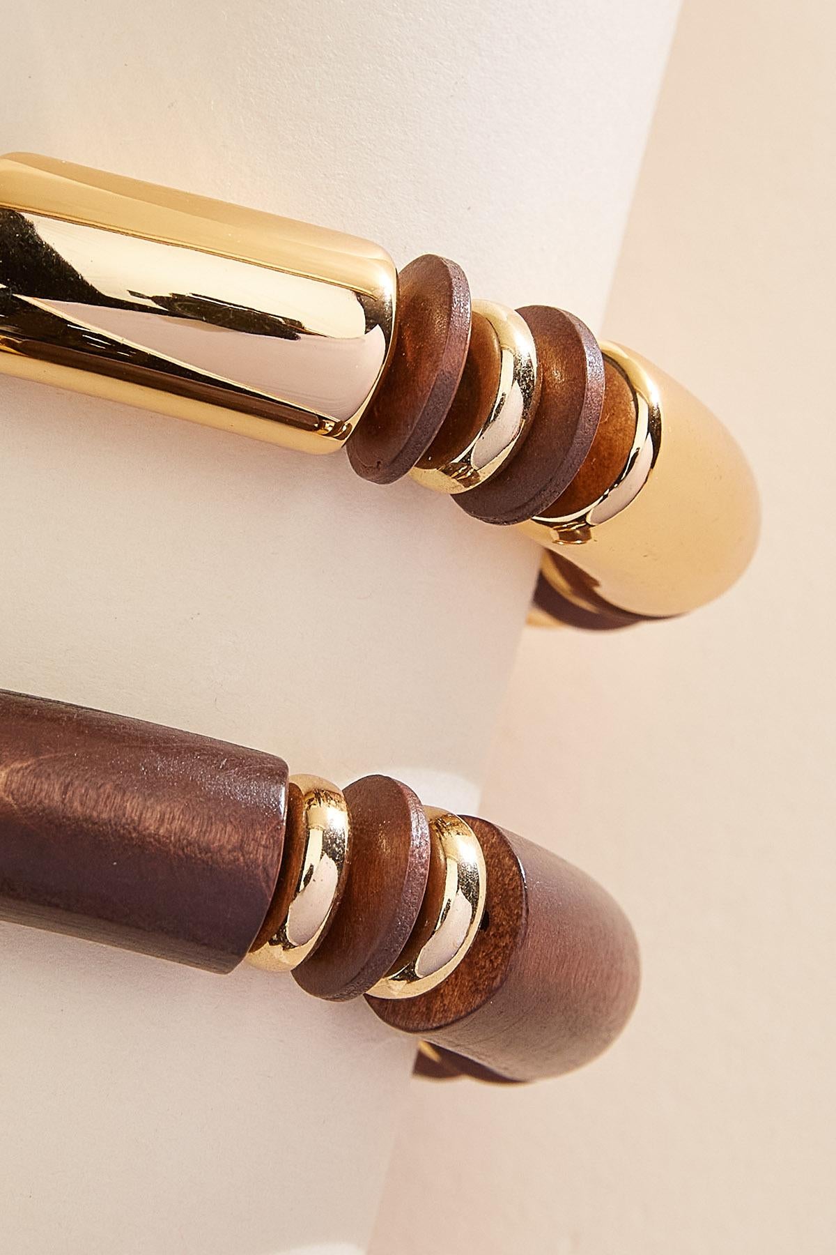 Versona wood gold tube bead stretch bracelet set TORTOISE_SHELL