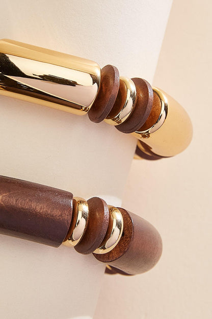 Versona wood gold tube bead stretch bracelet set TORTOISE_SHELL