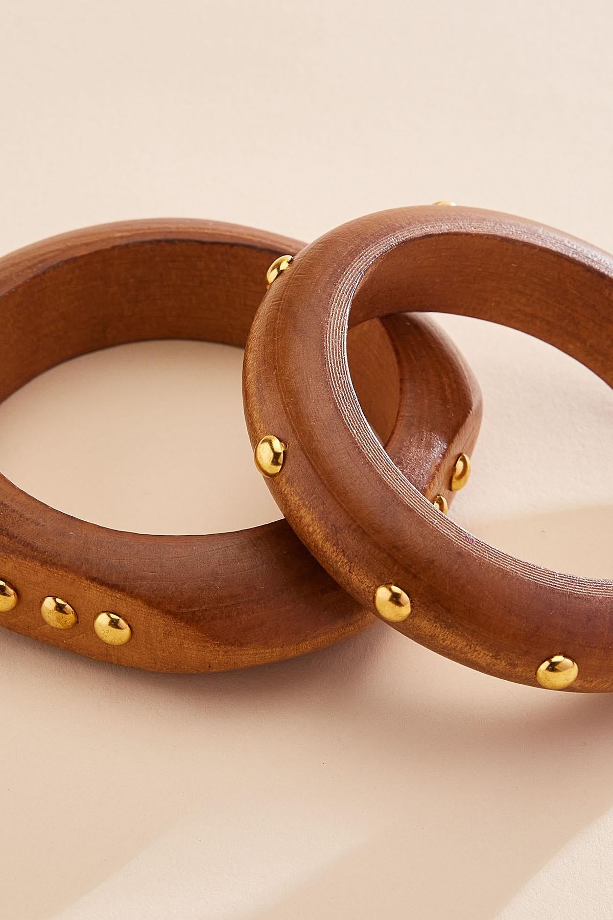 Versona gold studded wood bangle bracelet stack set BROWN_SUGAR