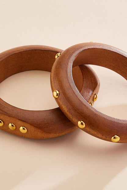 Versona gold studded wood bangle bracelet stack set BROWN_SUGAR
