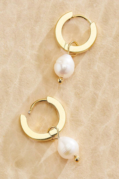 Versona waterproof  freshwater pearl huggie hoop earrings GOLD