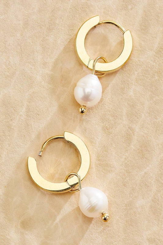 Versona waterproof  freshwater pearl huggie hoop earrings GOLD