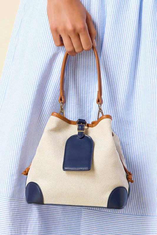 Versona faux leather trim bucket bag NAVY