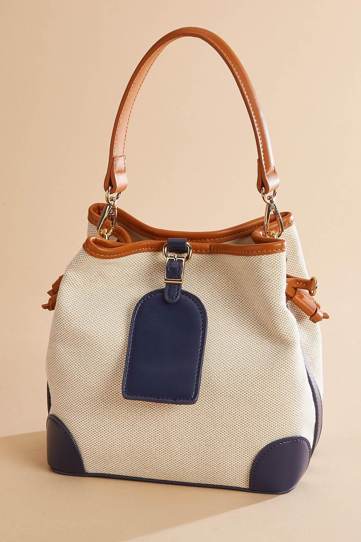 Versona faux leather trim bucket bag NAVY