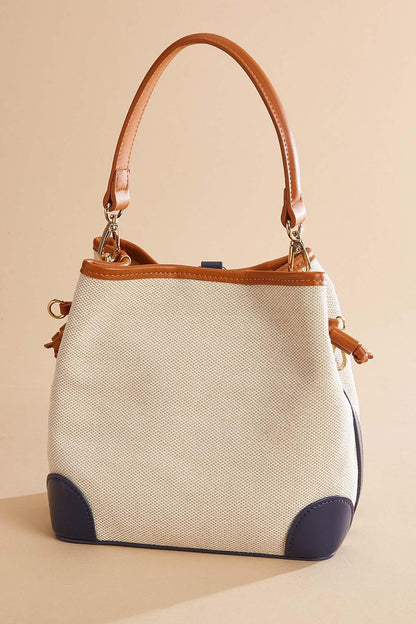 Versona faux leather trim bucket bag NAVY