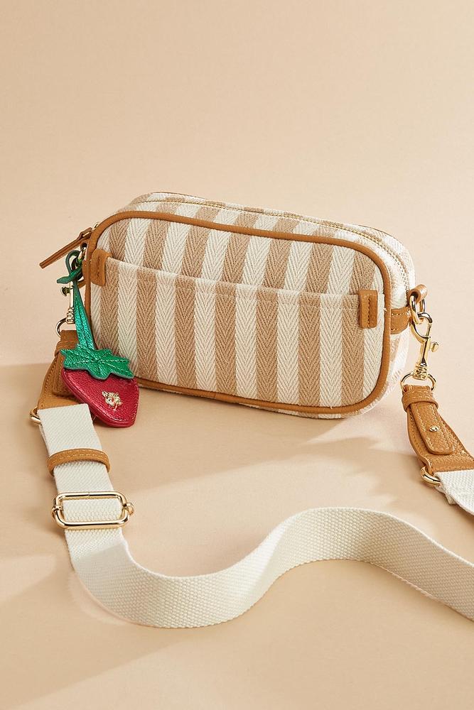 Versona striped fabric strawberry charm crossbody TAN