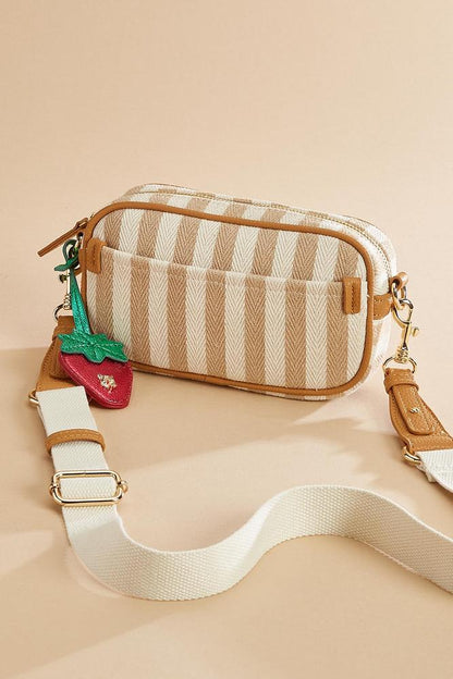 Versona striped fabric strawberry charm crossbody TAN