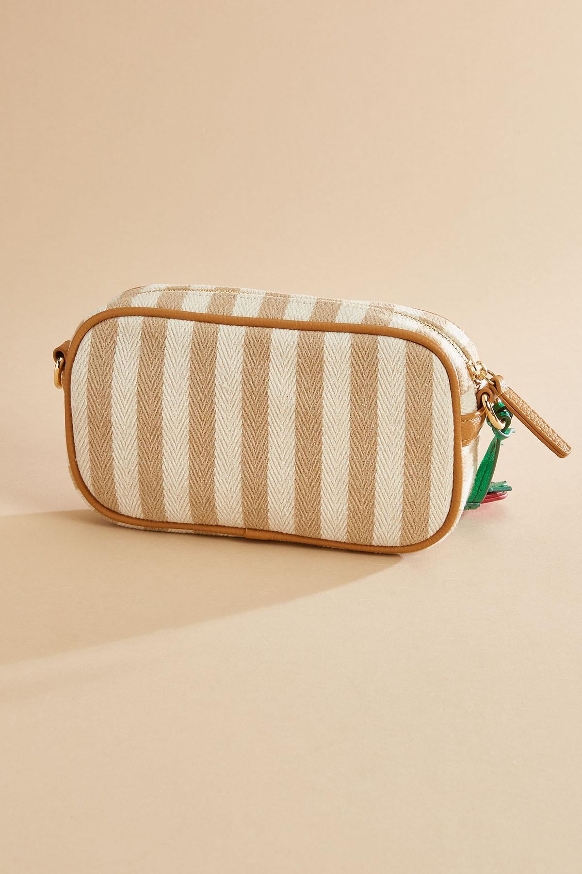 Versona striped fabric strawberry charm crossbody TAN