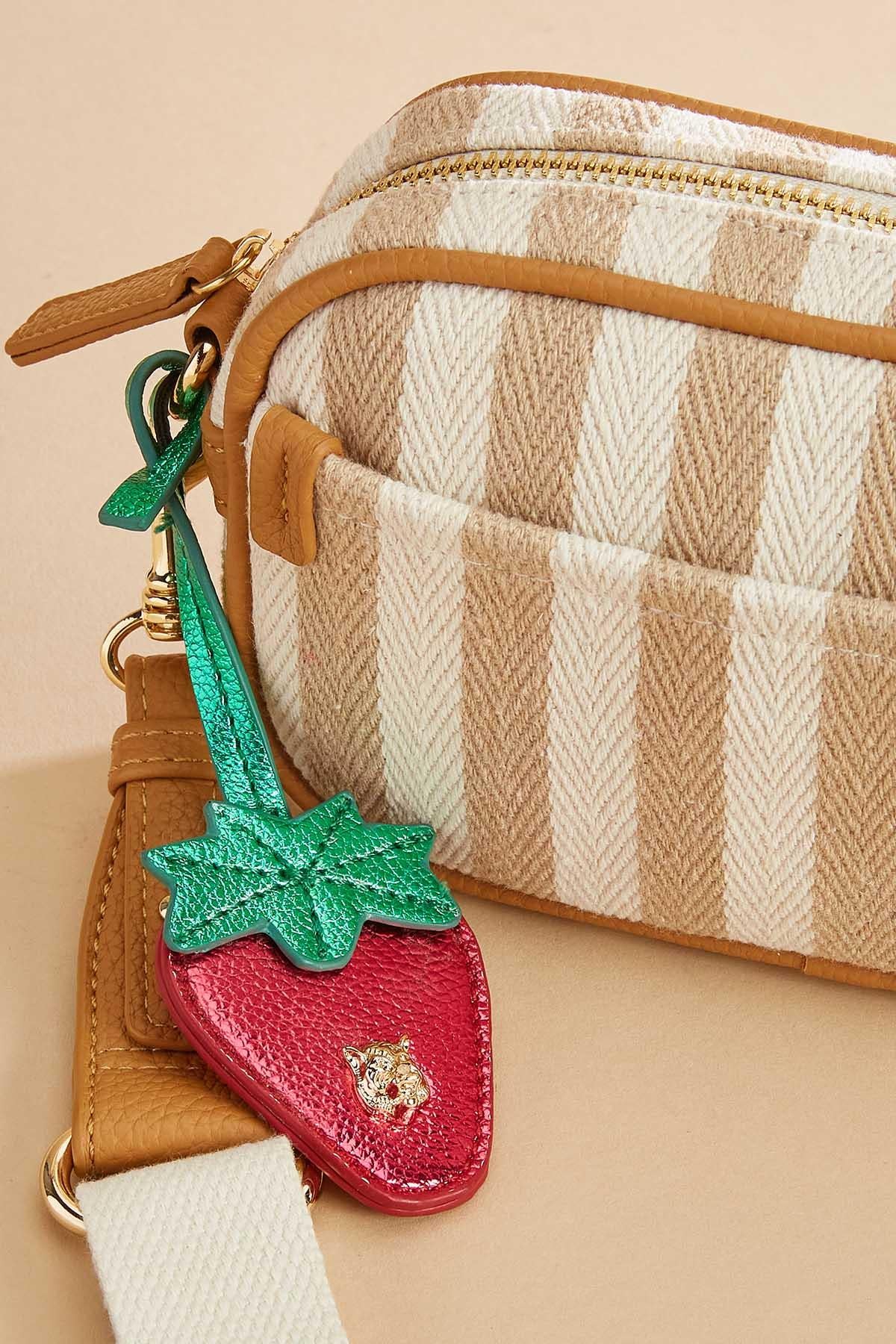 Versona striped fabric strawberry charm crossbody TAN