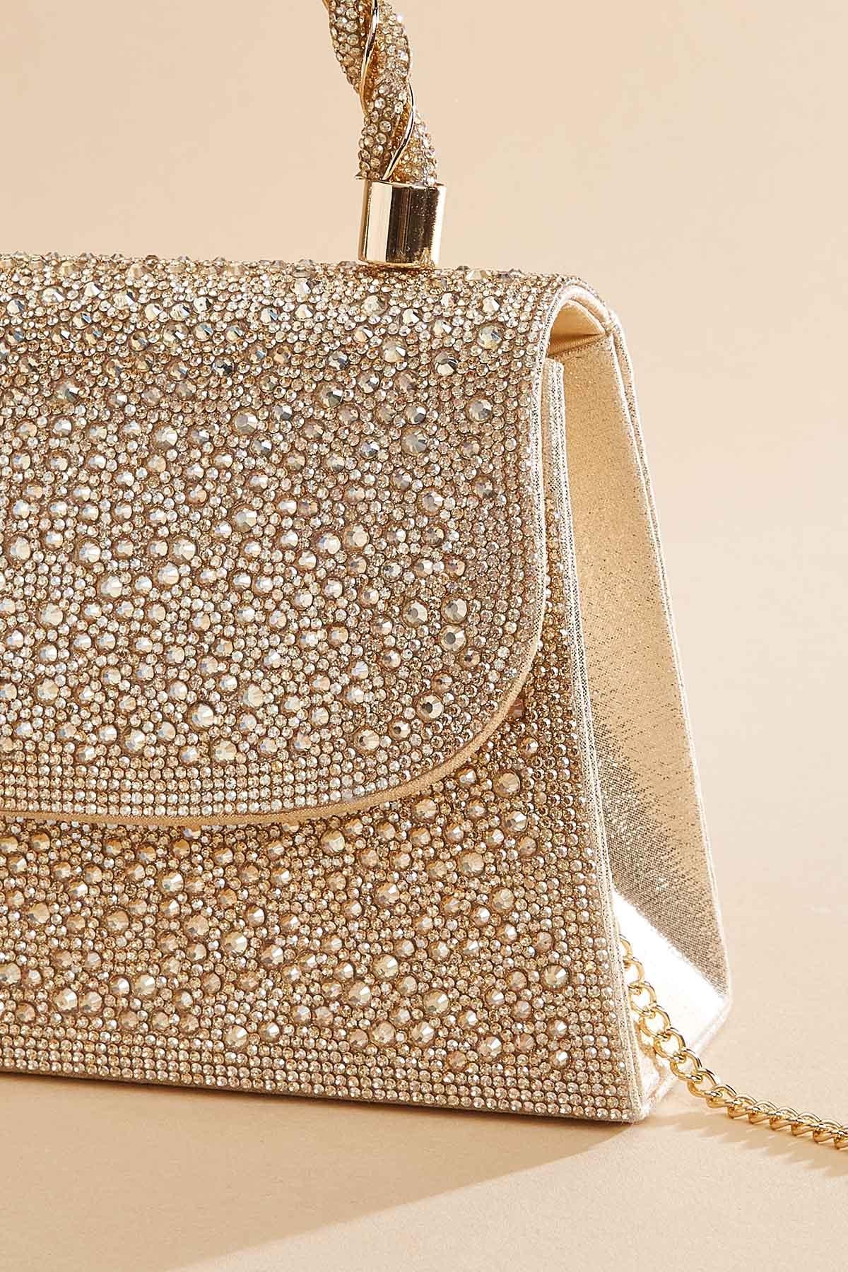 Versona champagne beaded twist handle satchel CHAMPAGNE_BEIGE