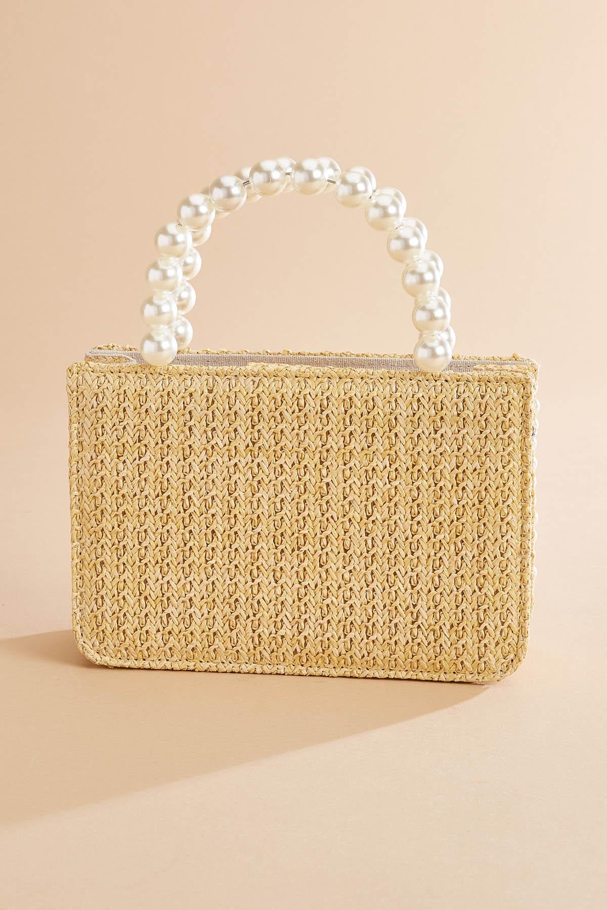 Versona pearl trim raffia bag NATURAL