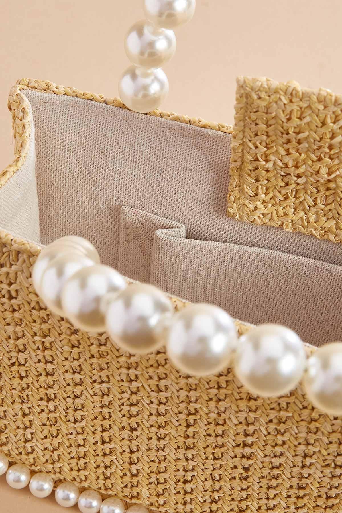 Versona pearl trim raffia bag NATURAL