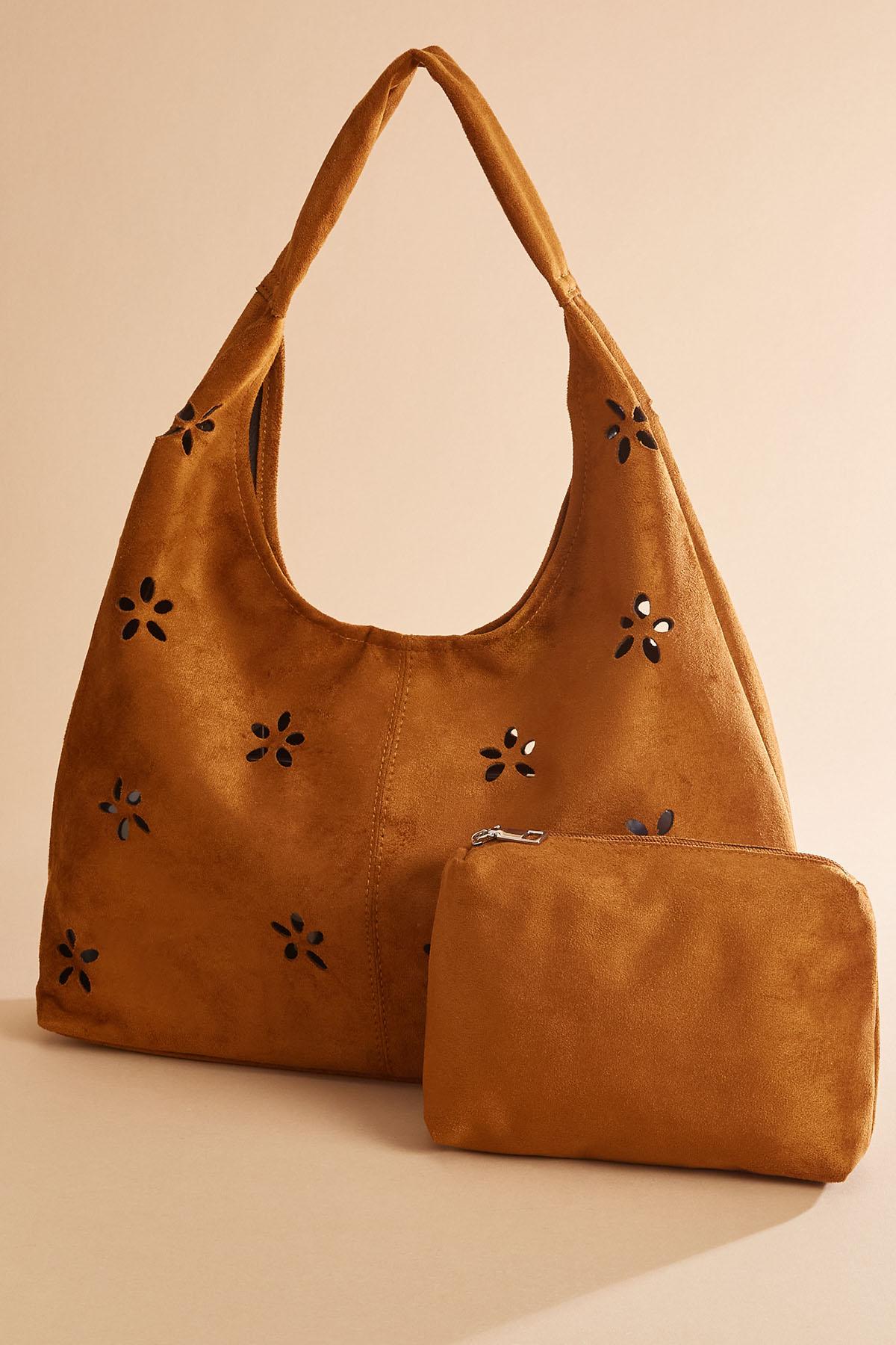 Versona faux suede floral perforated hobo bag set COGNAC