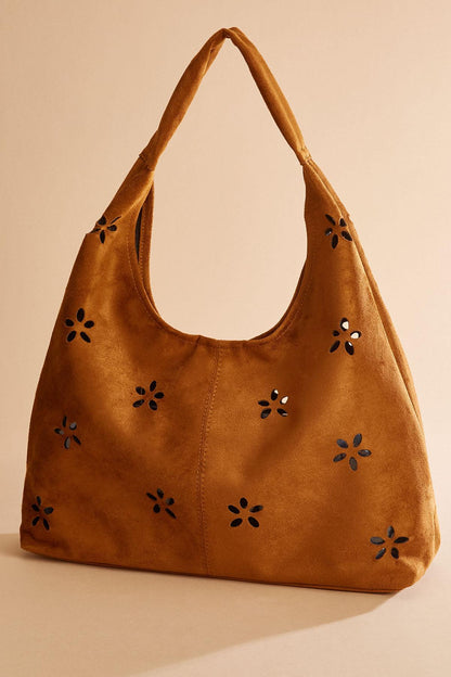Versona faux suede floral perforated hobo bag set COGNAC