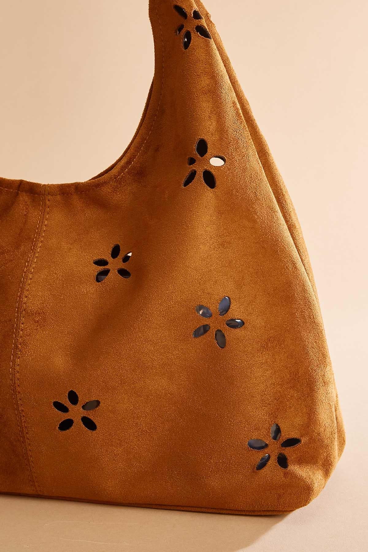 Versona faux suede floral perforated hobo bag set COGNAC