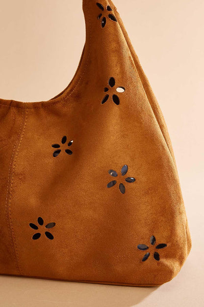 Versona faux suede floral perforated hobo bag set COGNAC