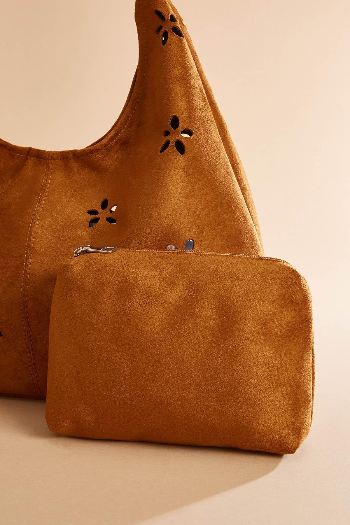 Versona faux suede floral perforated hobo bag set COGNAC