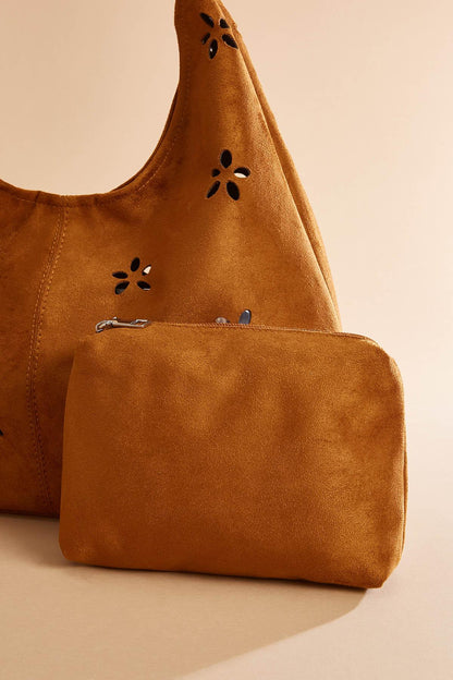 Versona faux suede floral perforated hobo bag set COGNAC