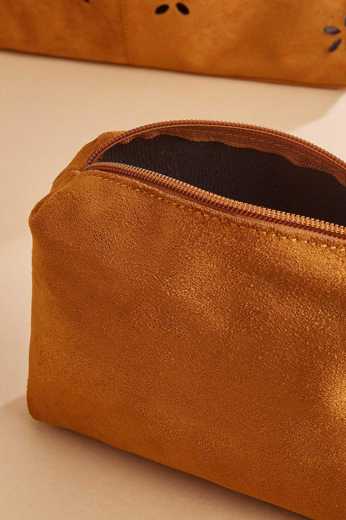 Versona faux suede floral perforated hobo bag set COGNAC