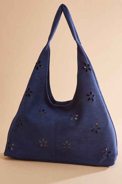Versona faux suede floral perforated hobo bag set COGNAC