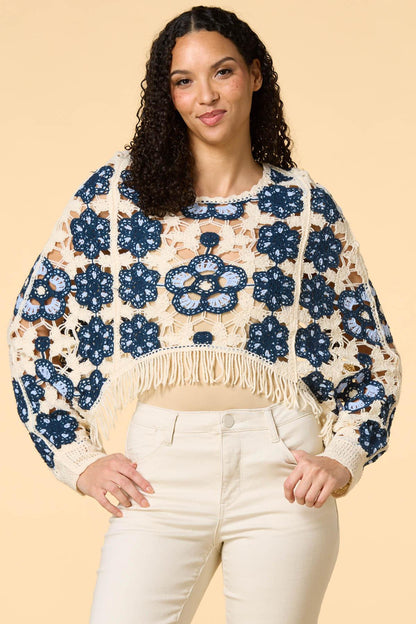 Versona fringe culture crochet poncho BLUE