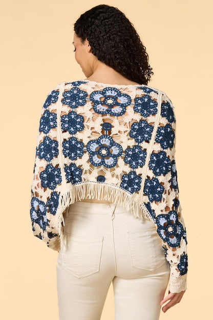 Versona fringe culture crochet poncho BLUE