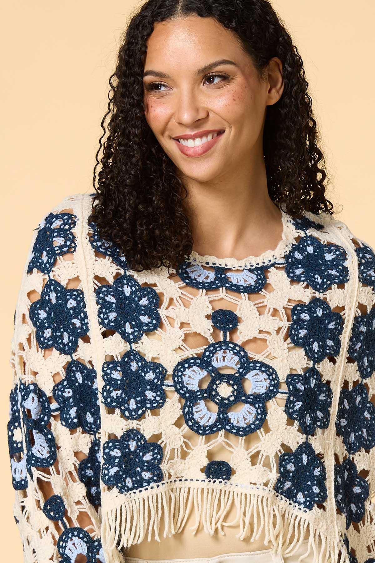 Versona fringe culture crochet poncho BLUE