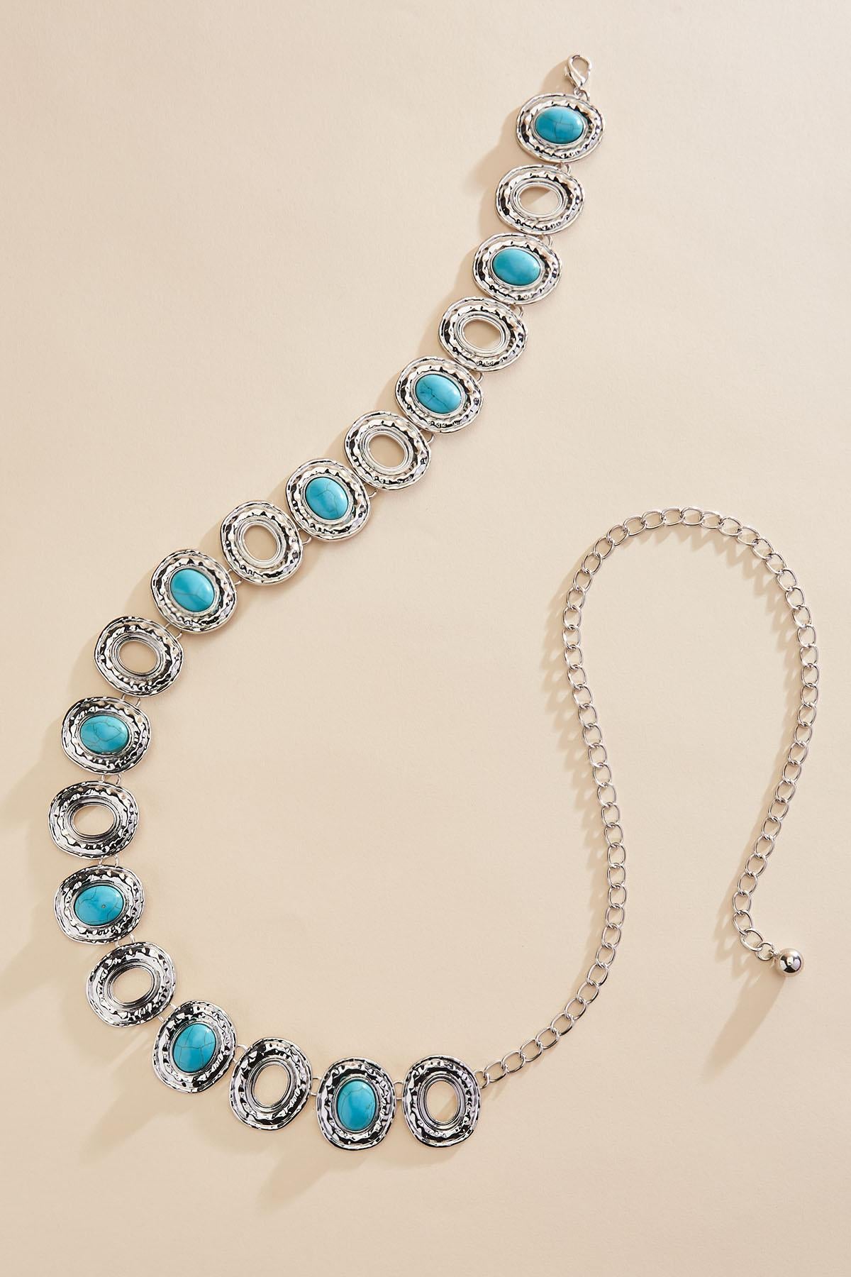 Versona hammered silver turquoise chain belt SILVER