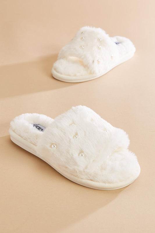 Versona pearl embellished faux fur slippers WHITE