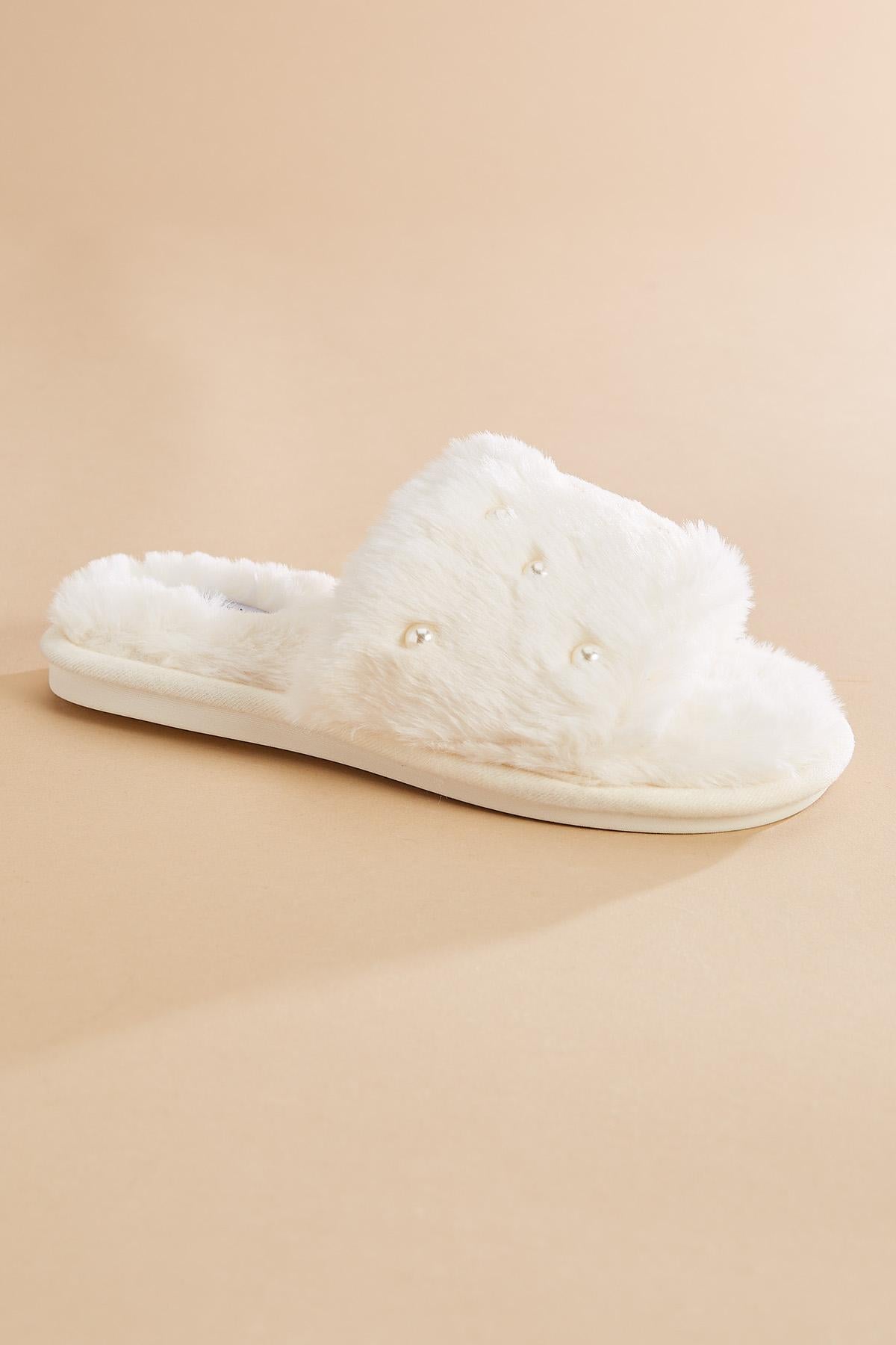 Versona pearl embellished faux fur slippers WHITE