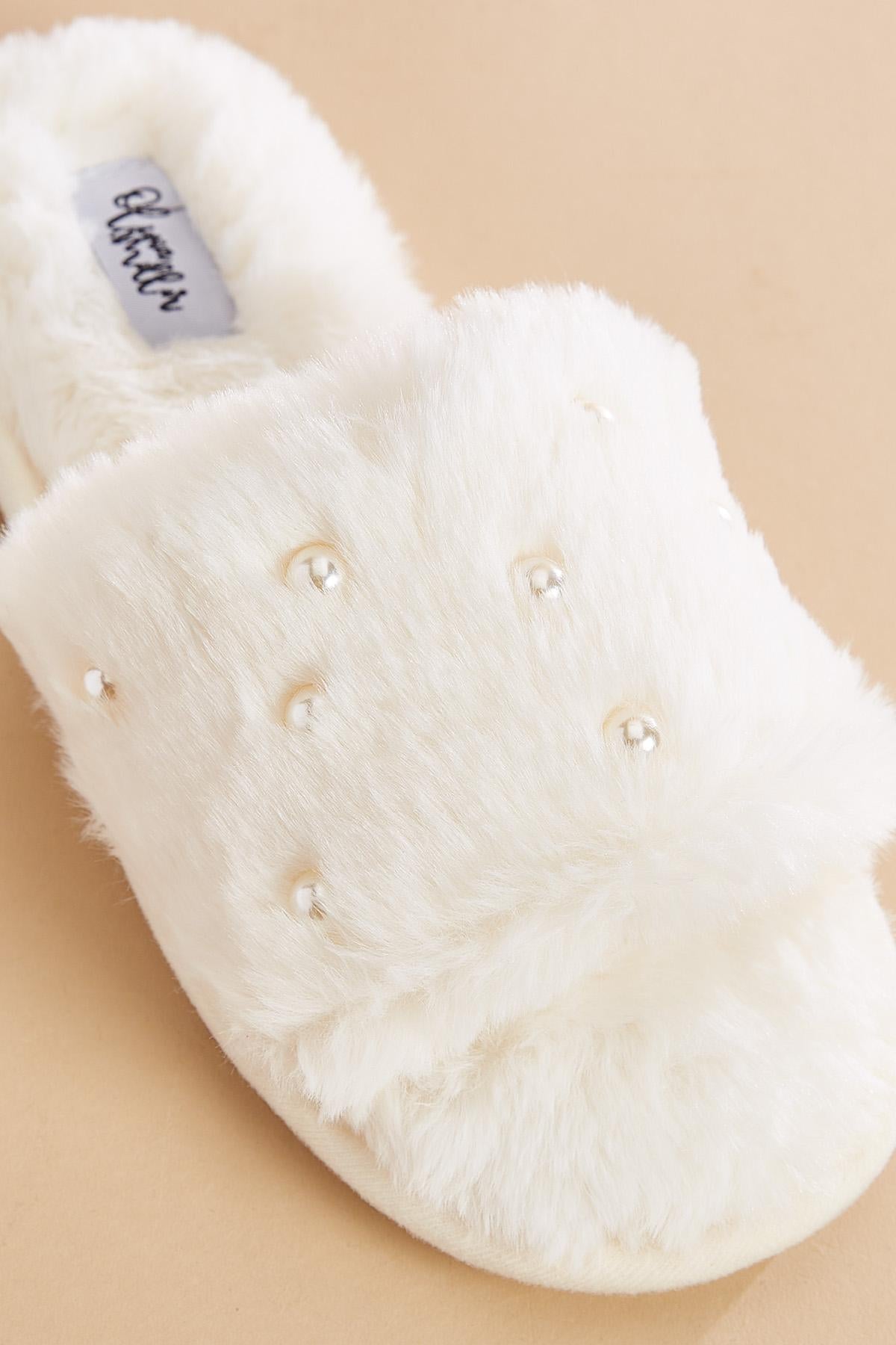 Versona pearl embellished faux fur slippers WHITE