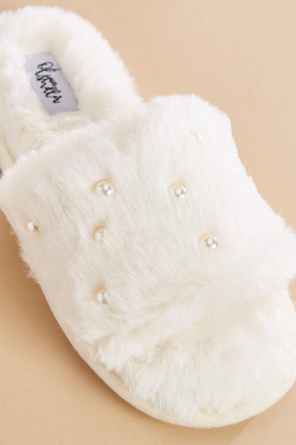 Versona pearl embellished faux fur slippers WHITE