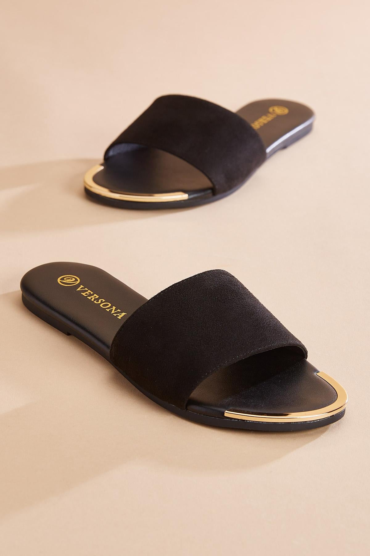 Versona gold trim black faux suede sandals BLACK