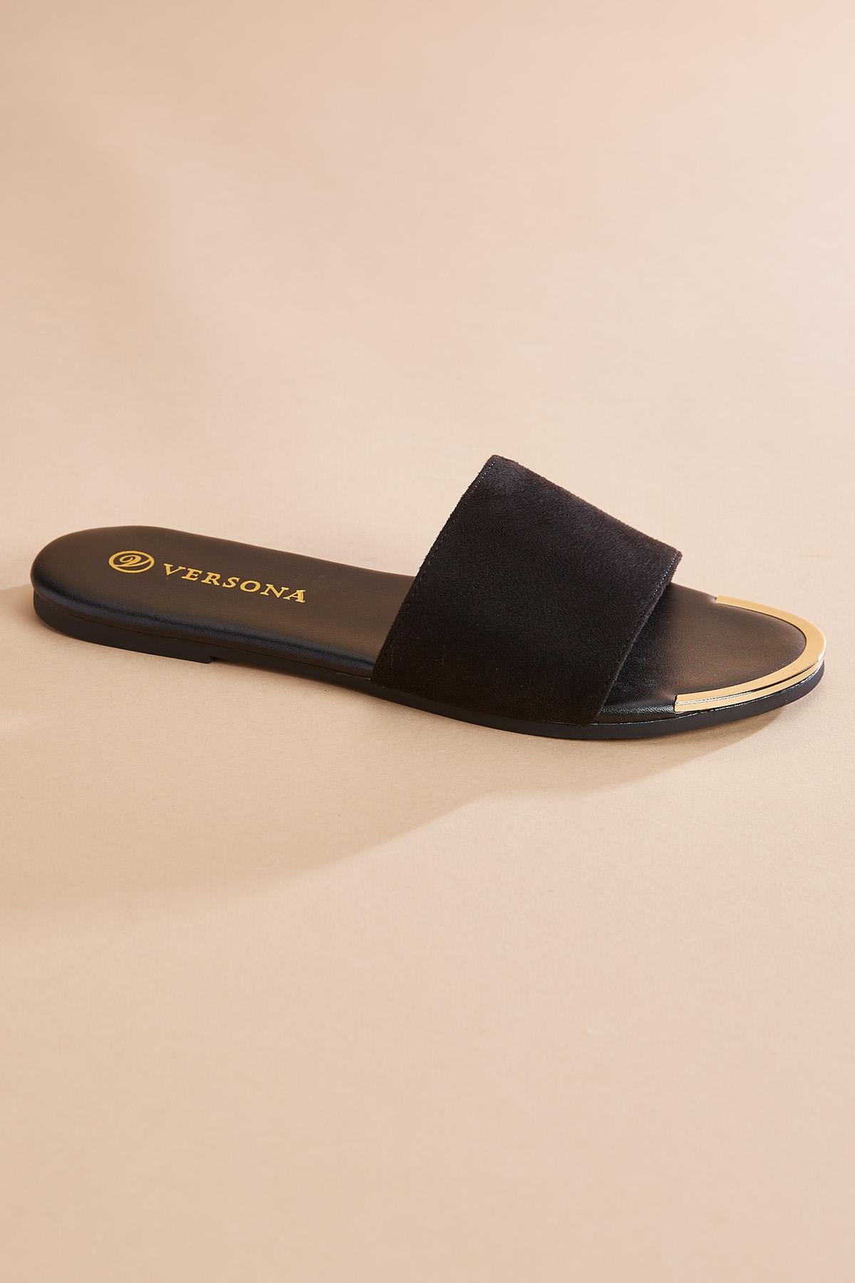 Versona gold trim black faux suede sandals BLACK
