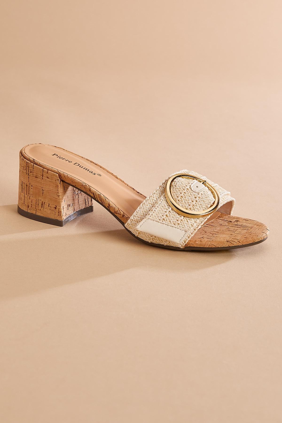 Versona raffia round gold buckle cork heels WHITE