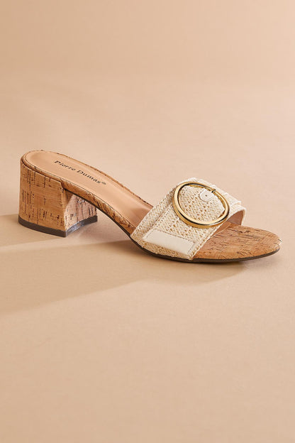 Versona raffia round gold buckle cork heels WHITE