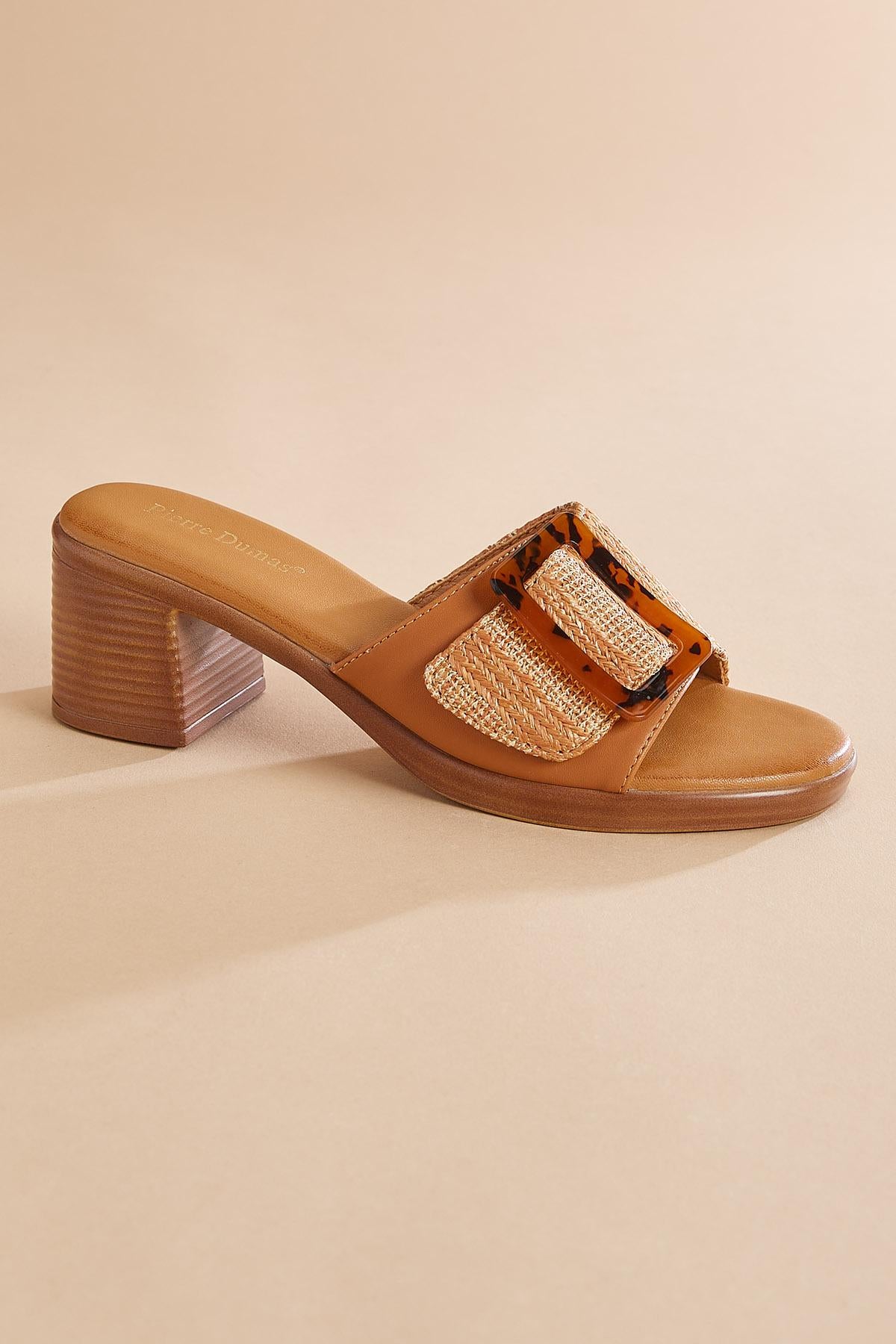 Versona raffia band buckle wood heels BEIGE