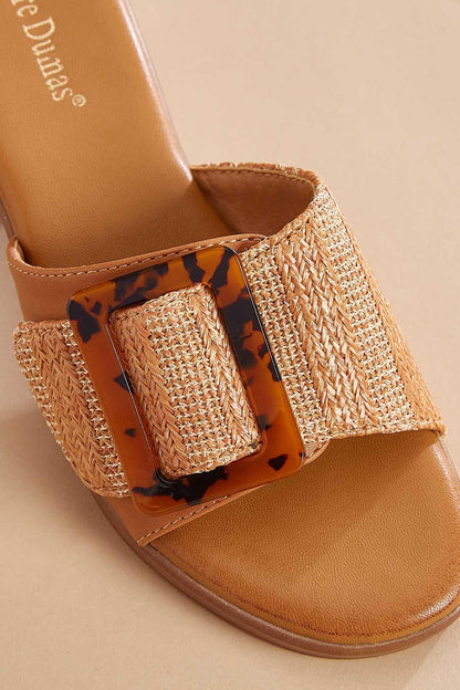 Versona raffia band buckle wood heels BEIGE