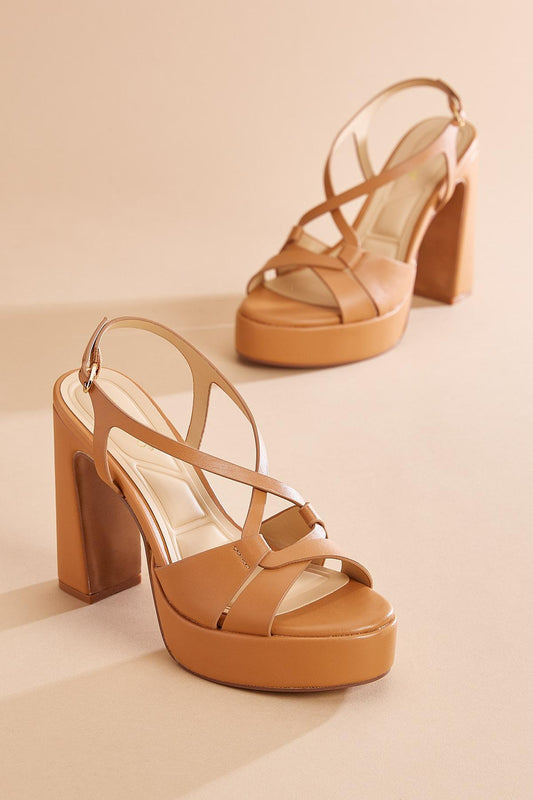 Versona faux leather crisscross platform heels TAN