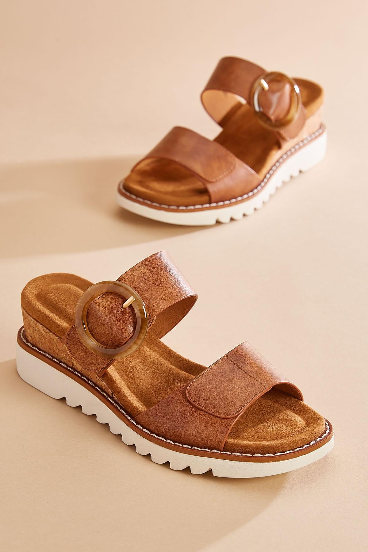Versona brown faux leather buckle wedge sandals BEIGE