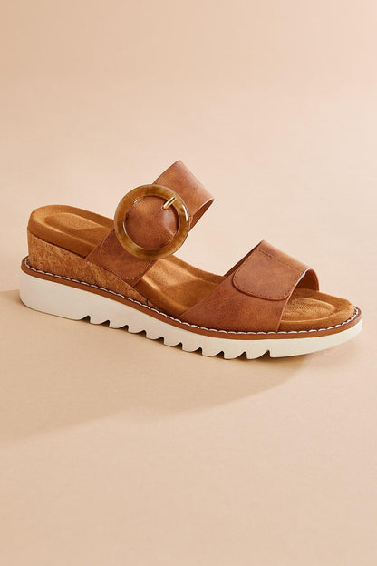 Versona brown faux leather buckle wedge sandals BEIGE