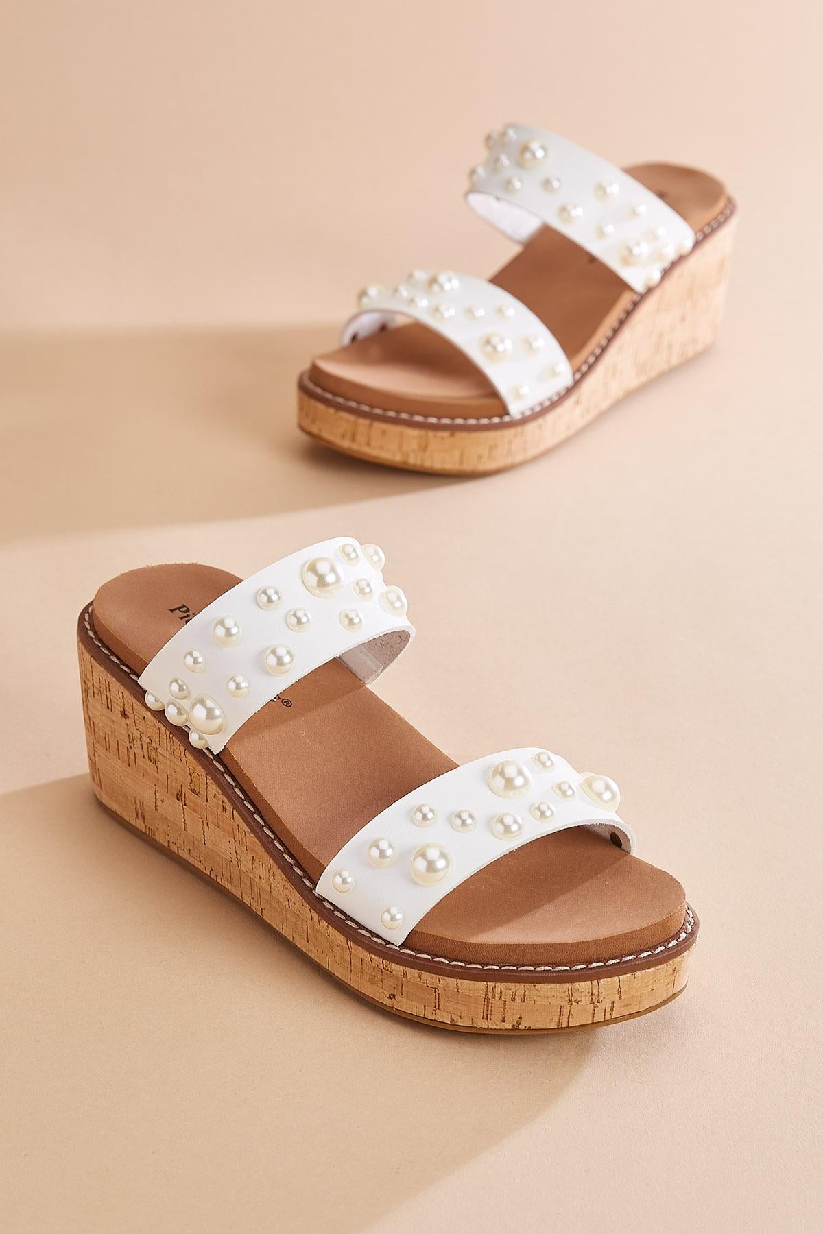 Versona pearl embellished cork platform wedge sandals WHITE
