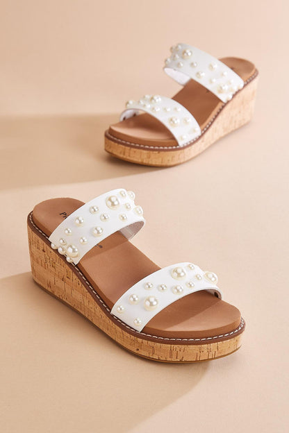Versona pearl embellished cork platform wedge sandals WHITE