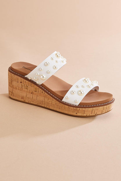 Versona pearl embellished cork platform wedge sandals WHITE