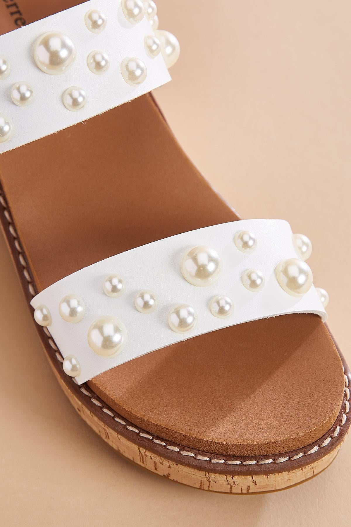 Versona pearl embellished cork platform wedge sandals WHITE