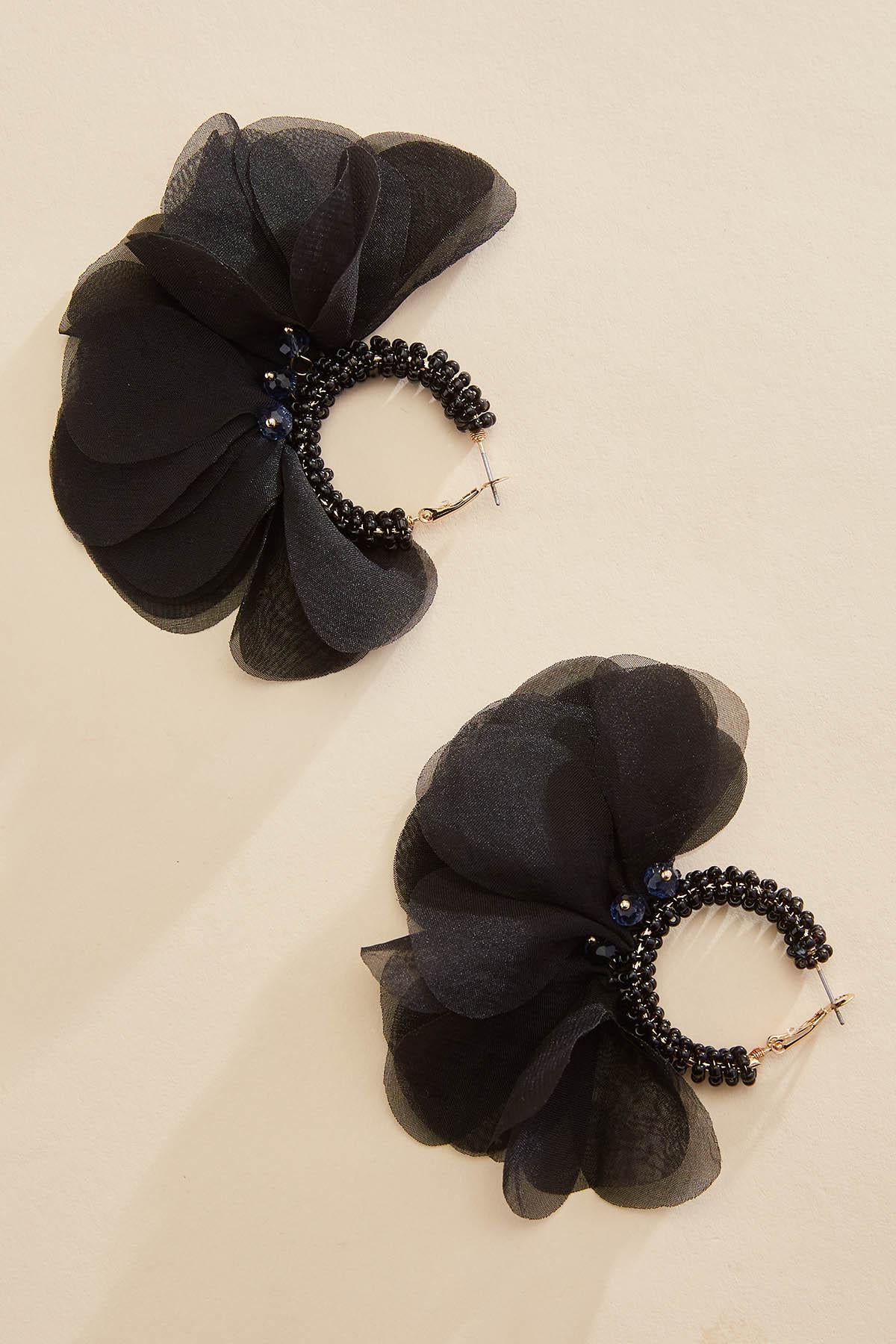 Versona fabric petal beaded hoop earrings IDEAL_BLACK