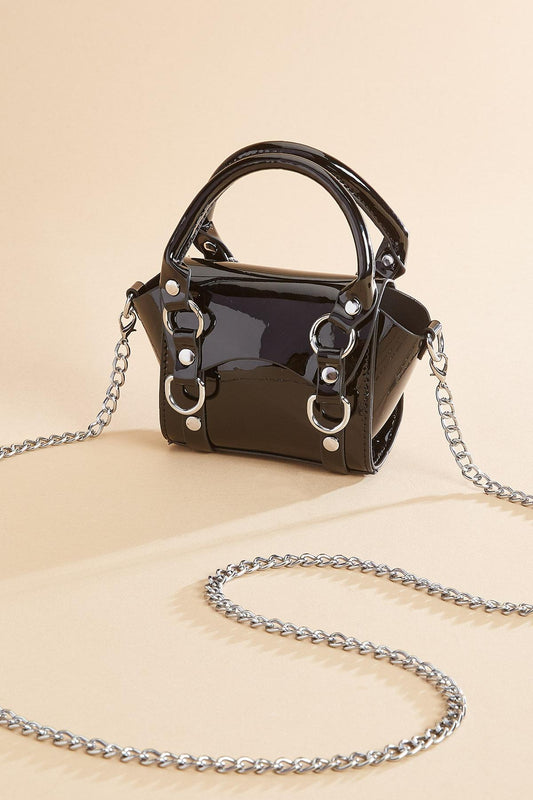 Versona mini faux patent leather satchel BLACK