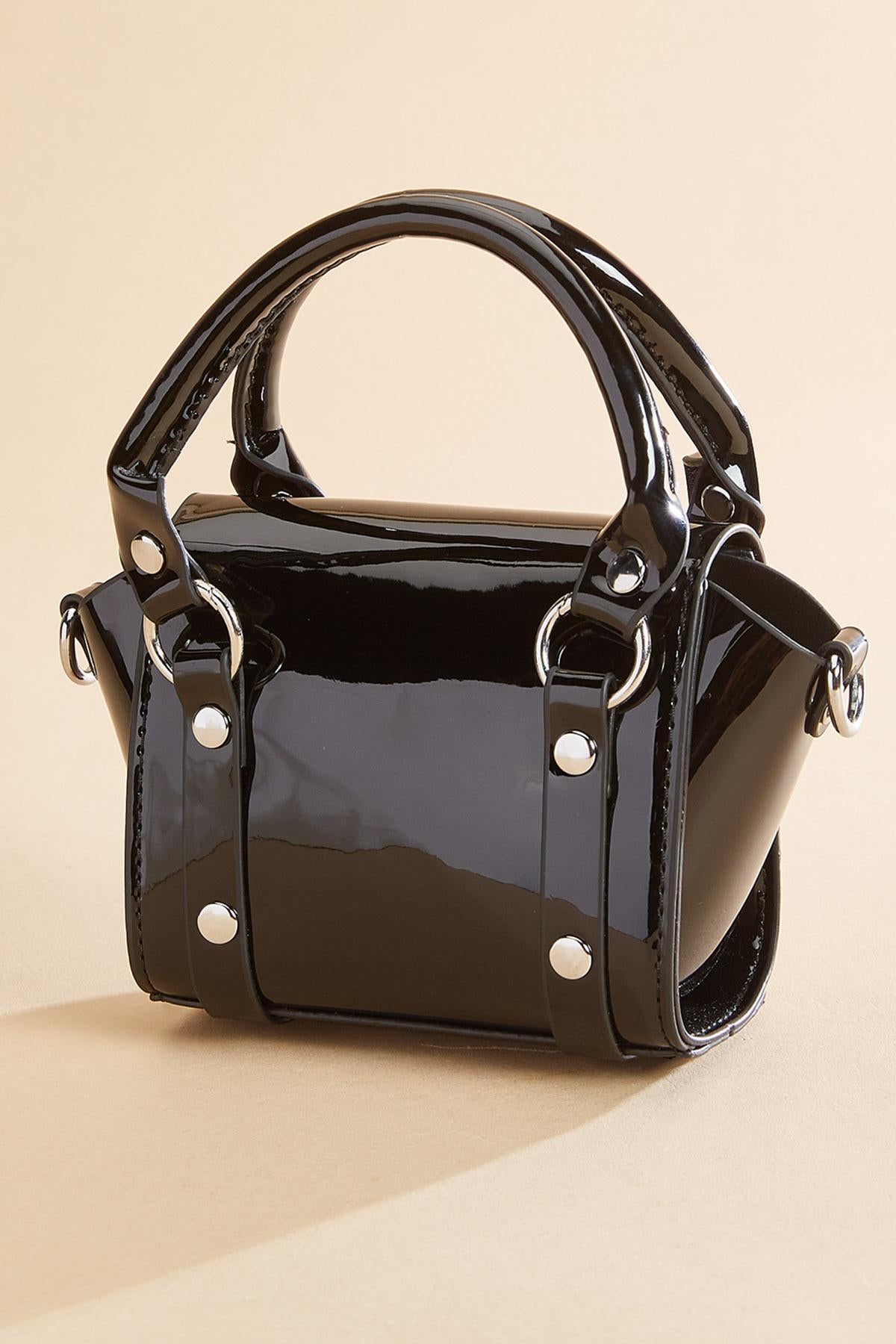 Versona mini faux patent leather satchel BLACK